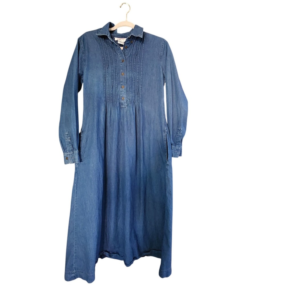 Vintage Talbots Denim Midi Dress Womens 8 Blue Cotton Pintuck Long Sleeve Pocket